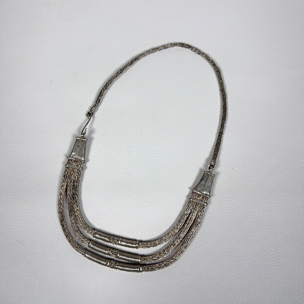 Vintage Artisan Silver Tone Woven Multi Strand Necklace 16-18" Ornate 36g Tribel - Picture 5 of 10